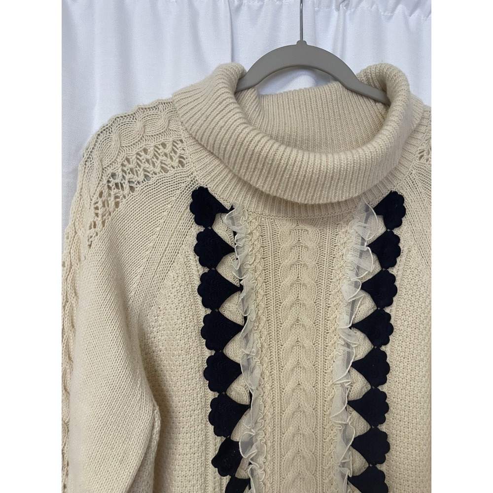 J. Crew Sweater Womens L Ivory Lace Cable Knit Turtleneck Wool Blend - Picture 2 of 6